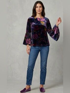 Trina Turk Astral Floral Velvet Silk Blend Crewneck Bell Sleeve size Large